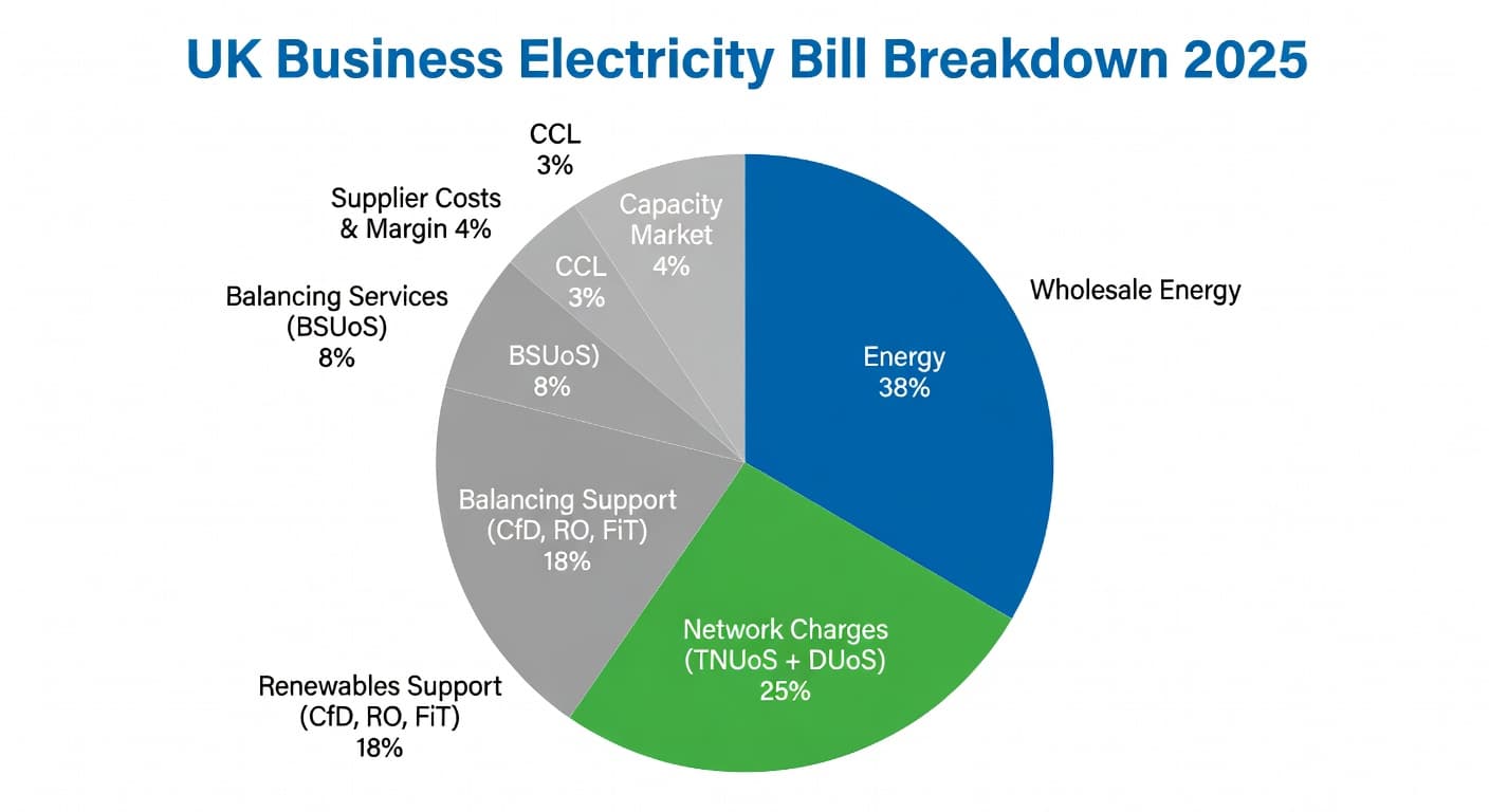 Pie chart showing breakdown of UK business electricity bill costs including wholesale, network charges, CfD, RO, RAB levy, BSUoS, CCL and supplier costs