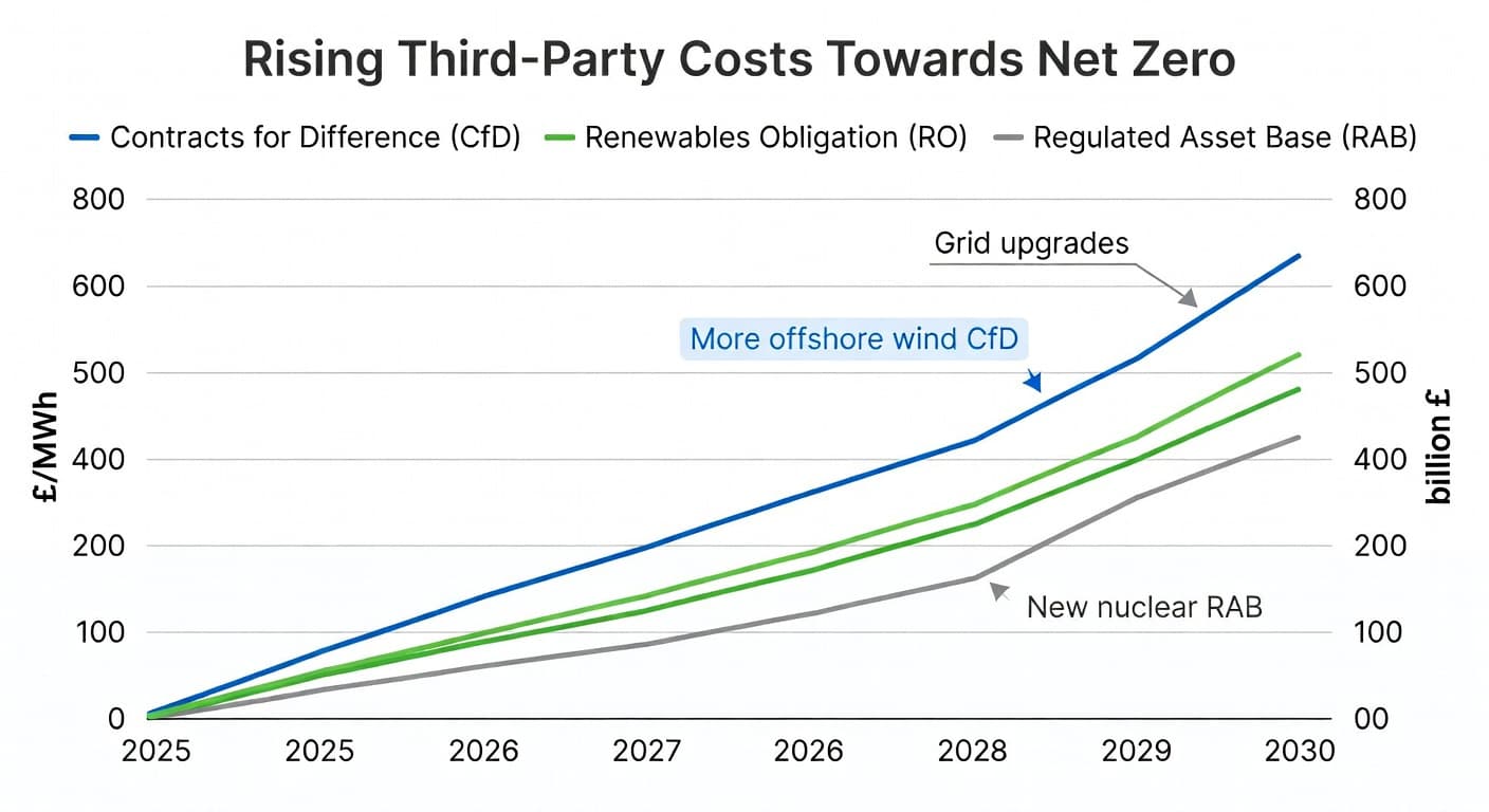 Line graph showing projected increase in UK third-party energy costs (CfD, RAB, network charges) from 2025 to 2030